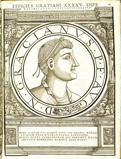 Gratianus, illustratie uit Imperatorum romanorum omnium orientalium et occidentalium verissimae imagines ex antiquis numismatis, houtsnede door Rudolph Wyssenbach, gedrukt door Andreas Gesner, Zürich door Hans Rudolf Manuel Deutsch